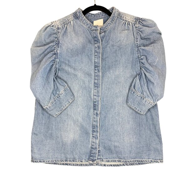 INDUSTRY Tops - Industry Blue Denim Button Shirt with Puff Ruffle Ruche Sleeve Women sz L